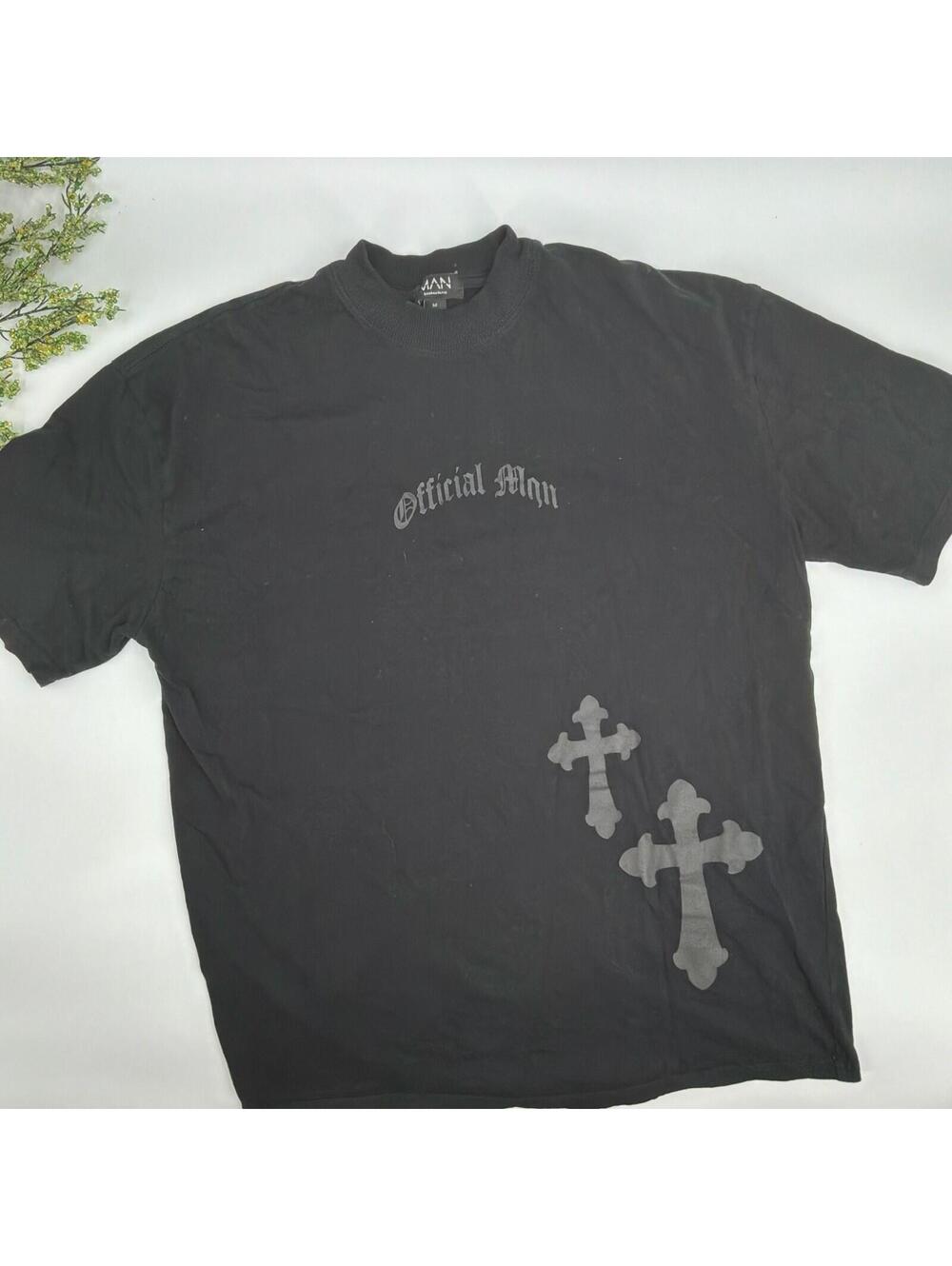BoohooMAN Official Man Black Gothic Cross Tee Shirt Size M